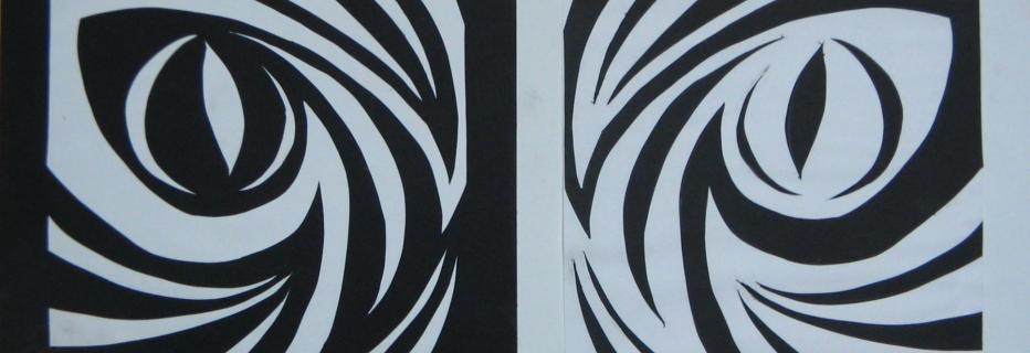 Swirling eye shapes, left side is white on black and right side is black on white
